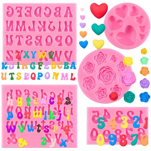 CLUEWR Silicone Letter Molds for Chocolate, 5 Pack Number Alphabet Heart Flow...