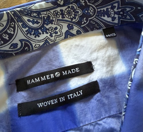 Hammer Made Paisley Check Button Up Shirt Men's 44 17.5 Blue White Long Sleeve - Picture 4 of 10