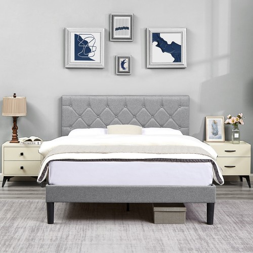 Twin/Full/Queen Bed Frame with Upholstered Adjustable Diamond Tufted Headboard - Picture 31 of 34