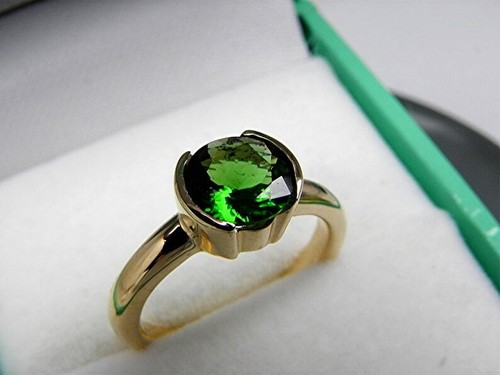 AAA Tourmaline green Round 7.0mm Very Rare Heavy bezel set 14K Yellow Ring - Picture 5 of 11