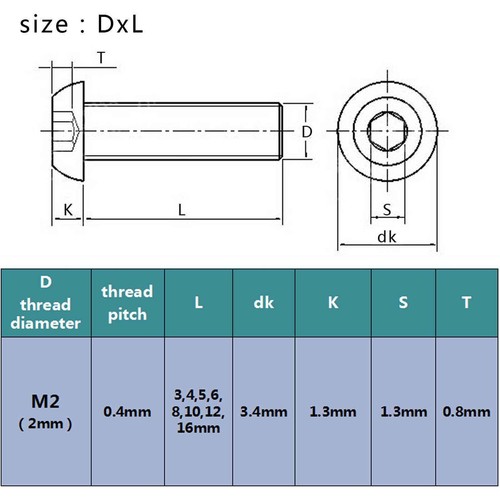 25/100pcs Stainless Steel Metric Thread M2 Button Head Hex Socket Cap Screw Bolt - Picture 3 of 5