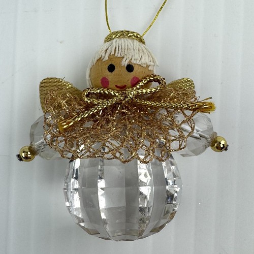Vintage Engel klar Weihnachtsschmuck facettiert Kristall Holz Flügel rosige Wangen - Bild 1 von 7