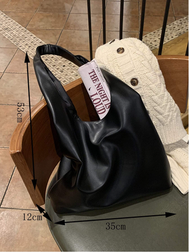 Black Trendy Large Capacity Simple Fashion Shoulder Tote Bag Hobo Bag - Picture 2 of 6