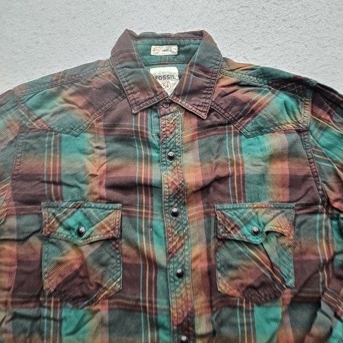 Fossil 54 Men's Medium Brown and Green Checkered L/S Button Down - Picture 3 of 16