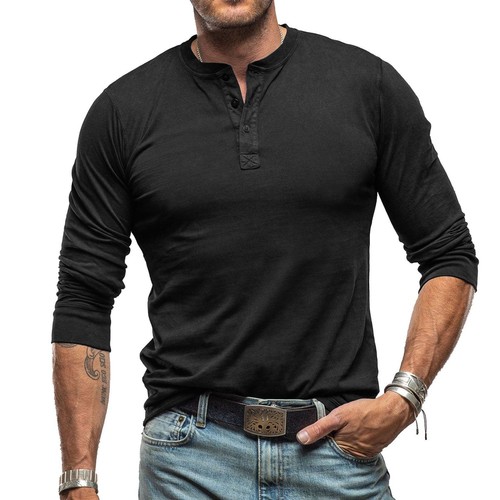 Men Long Sleeve Henley Shirt Casual Pull On Blouse Crew Neck Tee Soft Fall Top - Picture 32 of 37