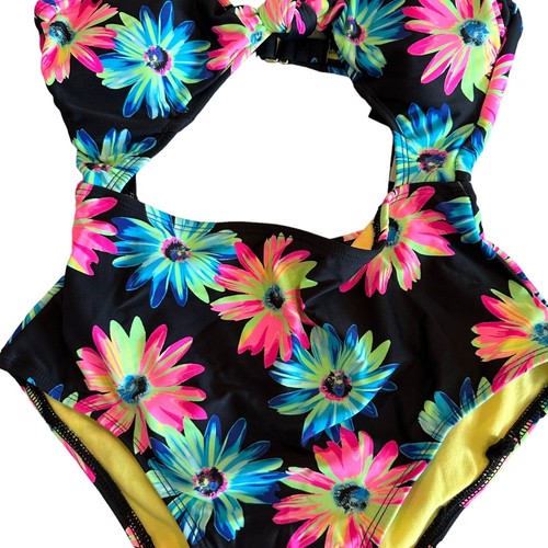 California Waves Size XS Gerber Daisy Knotted Cutout 1-Piece Swimsuit Black NWT - Picture 4 of 7
