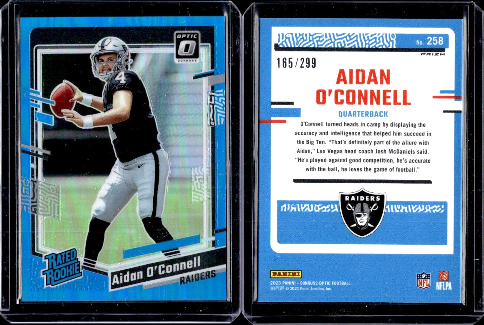 2023 Donruss Optic Rated Rookie Aqua Prizm #258 Aidan O'Connell RC /299 RAIDERS