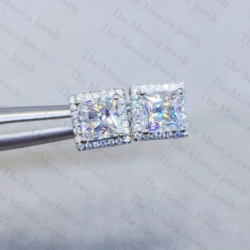 Pendiente halo moissanita corte princesa 2,57 TCW enchapado en oro blanco de 14 k - Imagen 1 de 10