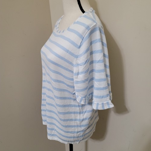 CALVIN KLEIN L Striped Ruffle Sleeve Lightweight Casual Preppy Shirt White Blue - Picture 7 of 13