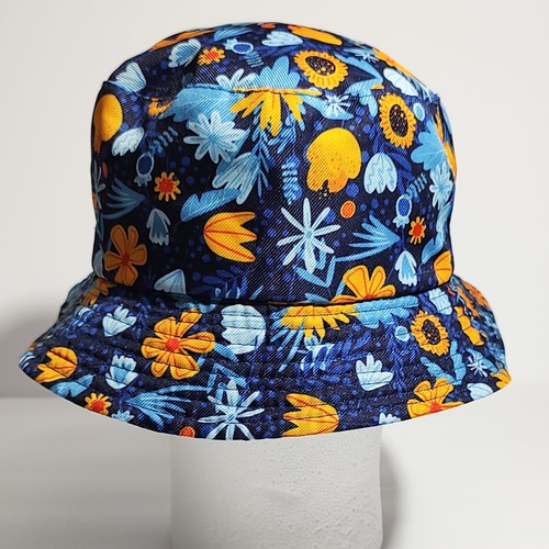 Reversible Blue & Yellow Floral Print / Black Bucket Kids Hat - Picture 4 of 13