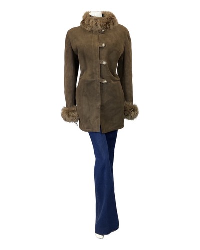 VINTAGE 60s 70s DARK BROWN SUEDE LEATHER BOHO MOD SHEARLING SHORT COAT 14 - Picture 2 of 6