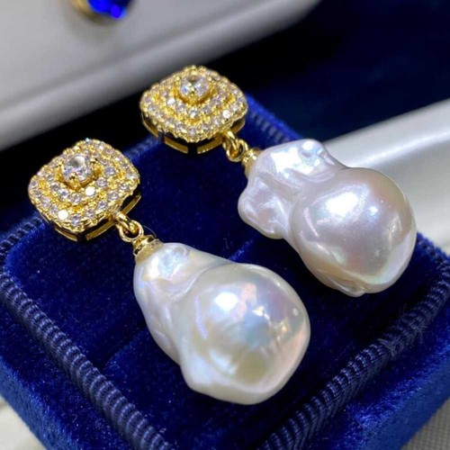 Pendientes de perlas barrocas naturales blancas 13-17MM circonitas 18K personalizadas fiesta adolescentes - Imagen 5 de 7