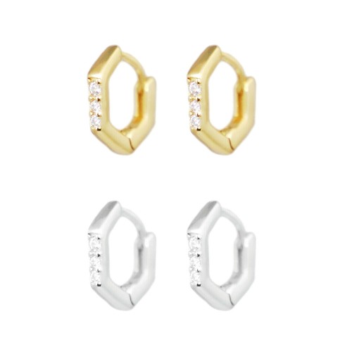 Sterling Silver Small 6.5mm Hoop Hexagon Pave CZ Huggie Hinged Cuff Earrings - Picture 2 of 23