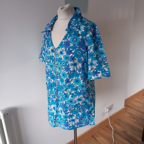 Vintage Original 70's Floral Tunic Top Blue Handmade Zip Front Fits 14 -16 UK - Picture 7 of 9