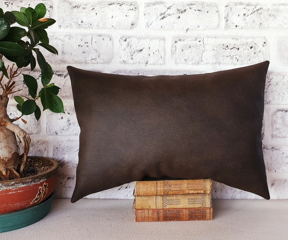Dark brown three-piece model faux leather  lumbar pillow cover -1qty - Image 4 of 4