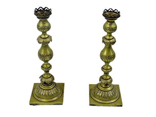 FINE ANTIQUE RUSSIAN / POLISH BRASS CANDLESTICKS JUDAICA SABBATH Fraget WARSAW - Picture 2 of 12