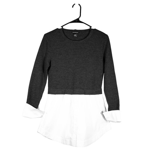 Club Monaco Women's Gray White Knit Hem Long Sleeve Tunic Sweater Top Medium