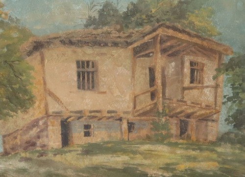 ANTIQUE GOUACHE PAINTING COUNTRY HOUSE LANDSCAPE - Picture 12 of 14