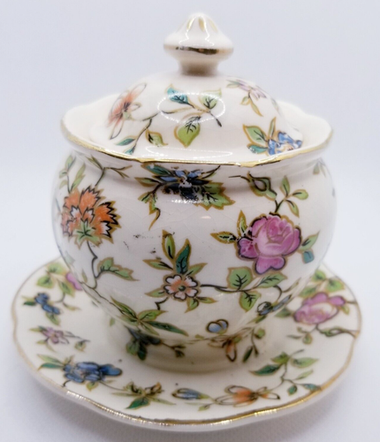 Moriyama Mori-Machi Mustard Pot Japan Floral Chintz Attached Drip Plate - Picture 3 of 6