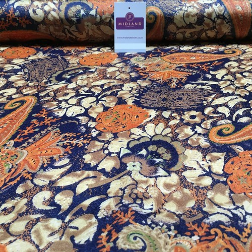 Navy Blue Paisley Satin Printed gold Shimmer Fabric 110cm MR1337 - Picture 3 of 29