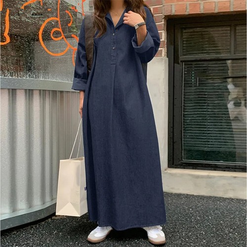 Autumn Winter Women's Plus Size Fashion Casual Loose Pullover Denim Long Dress - Picture 7 of 10