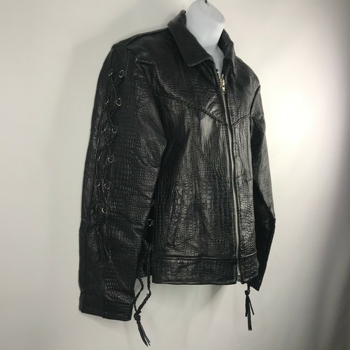 Navarra Motorradjacke Kroko-Prägung schwarz Büffelleder bestickt Rose Größe S - Bild 3 von 9