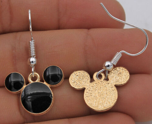 Black & Gold Mickey Mouse Earrings 925 silver plated Hooks + GOLD hoops women - Picture 3 of 3