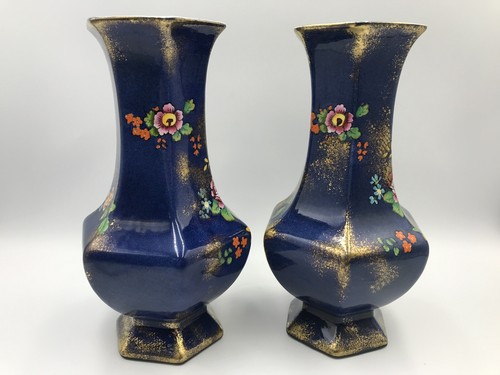 Falcon Ware JHW & Sons Vintage Pair Ceramic Vases 23cm Blue & Gold Floral Design - Picture 3 of 15