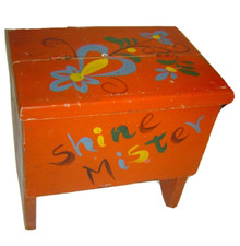 Rustic Primitive Red Folk Art Painted Wooden Shoe Shine Hinged Box Footstool