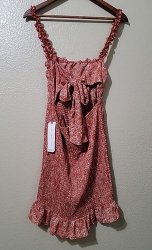Almost Famous Dress Junior Womens Sz Medium Orange Smocked Tie Back Summer Mini - Picture 2 of 13