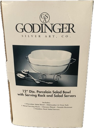 Godinger Silver Art 12” Diameter Porcelain Salad Bowl + Rack Spoons NEW OPEN BOX - Picture 5 of 7