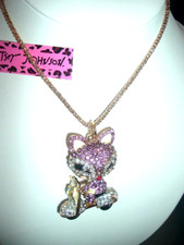 Betsey Johnson PURPLE Crystal White Enamel FOX ON SCOOTER Gold Pendant NECKLACE