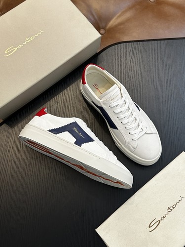 NEW Santoni Men's Low-Top Calfskin Comfortable Casual Sneakers White/Dark Blue - Picture 5 of 10