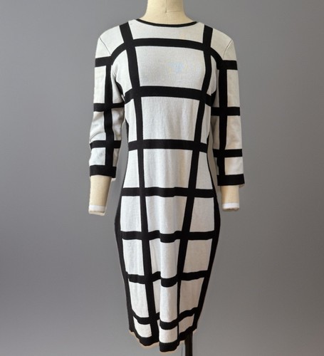 Vintage 80 LIZ CLAIBORNE Strick Schwarz & Weiß Colorblock Pullover Midikleid L - Bild 1 von 4