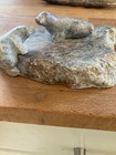 Vtg soapstone Eskimo, Inuit carving walrus mom & pup on rock-signed 5"