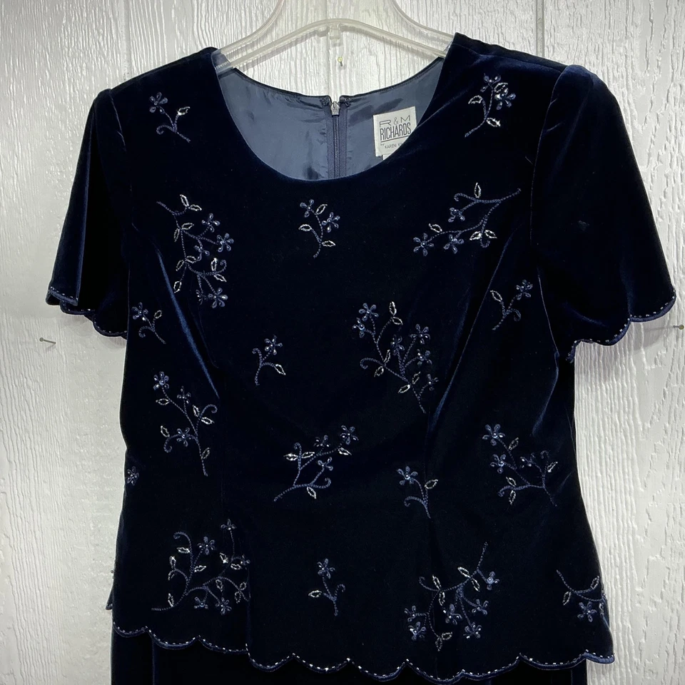 R&M Richards Dress Womens 16P Blue Velvet Sheath Floral Embroidered Long Elegant - Image 2 of 4