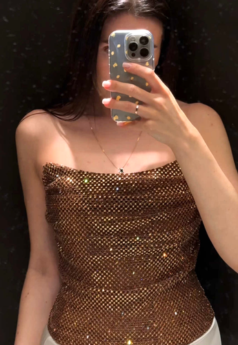 Zara Draped Rhinestone Strapless Top Bronze Brown Size S Small 4772/006 New - Picture 13 of 24