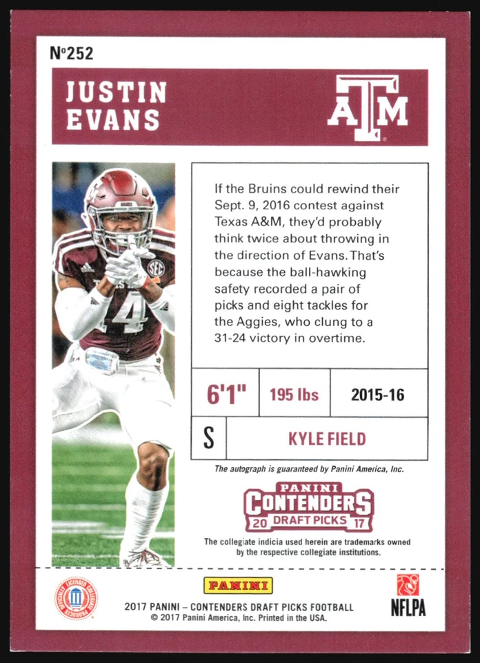 2017 Playoff Ticket Justin Evans Rookie Auto 01/15 #252 - Image 2 of 2