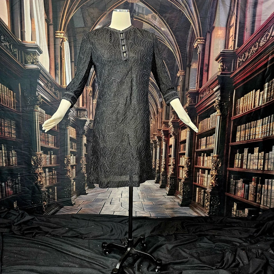 Vintage 1960's Dress Shift Mod Black Silvery Metallic Spiderweb Half Sleeve - Image 2 of 4