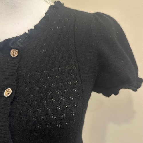 Juicy Couture Y2K Black Knit Puff Sleeve Peplum Babydoll Lettuce Trim Cardigan - Picture 5 of 12