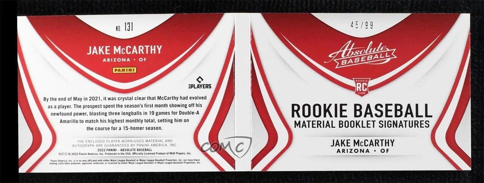 2022 Panini Absolute Black / White Seams /99 Jake McCarthy #131 Auto RC - Image 2 of 2