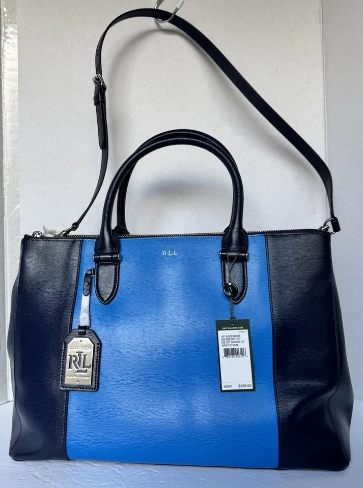 NUEVO Bolso de Mano Ralph Lauren Newbury Azul Marino Cuero Cian Doble Cremallera XL $298 Foto 2 de 4