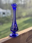 Vintage Fenton Cobalt Blue Stretch Swung Vase Painted Flowers Signed