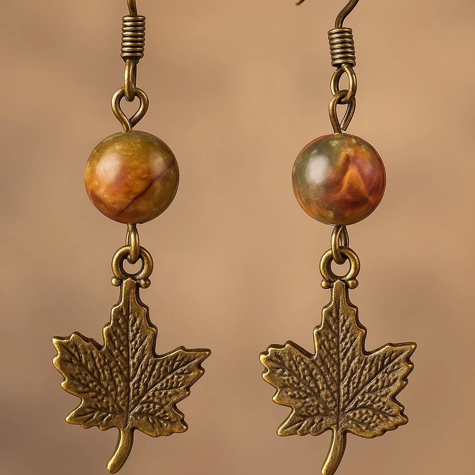 Pendientes de piedras preciosas de jaspe Picasso • Hoja de arce rústico • Ganchos de bronce antiguos boho Foto 4 de 4