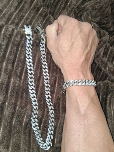 Men's Silver Cuban Link Chain Necklace and Bracelet Set 2Pcs Iced Out Bling - Bild 7 von 13