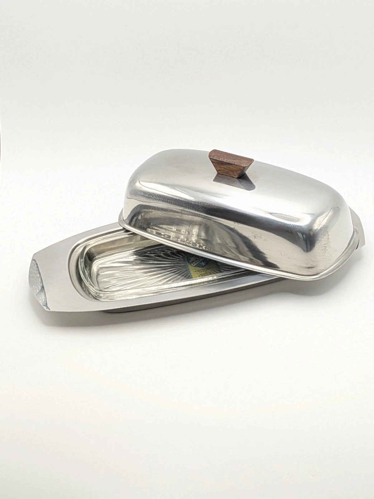 Vtg Butter Dish Stainless Steel Wood Handle Glass Insert Kingsford Japan 8.5"x4"