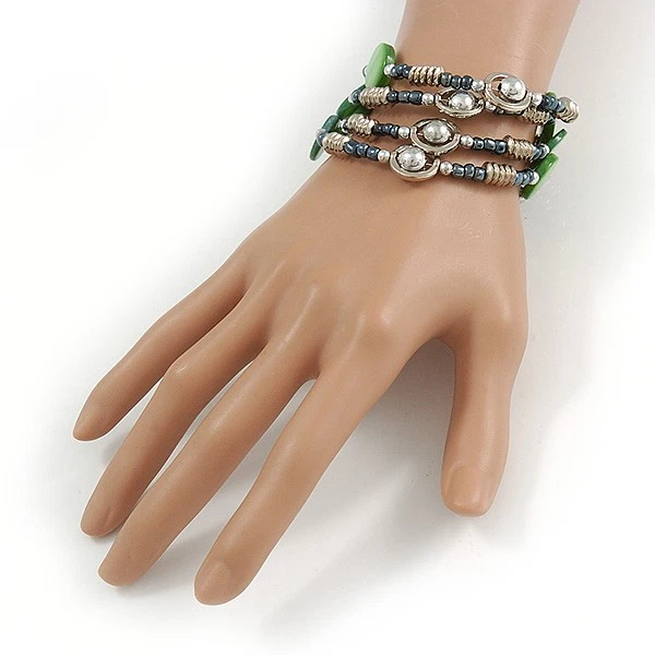 Pulsera flexible en espiral de vidrio, carcasa, cuentas de acrílico Multstrand (verde, hematita, Foto 4 de 4