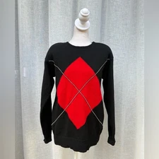 Saks Fifth Avenue 1990s black red diamond rhinestones lambs wool sweater