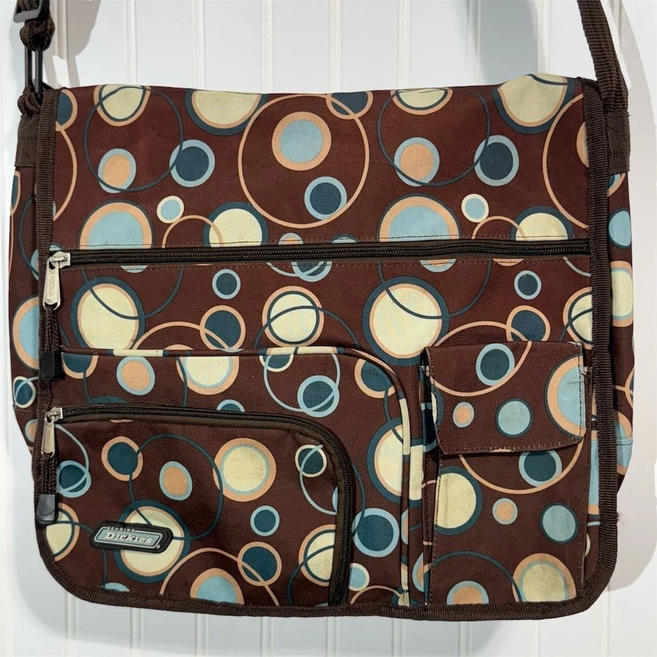 Dickies Messenger Brown Retro Circle Print Shoulder Laptop School Travel Tote - Image 3 of 4