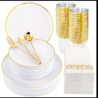 350PCS Disposable Plastic Plates Cups Party Dinnerware 50 Guests White & Gold